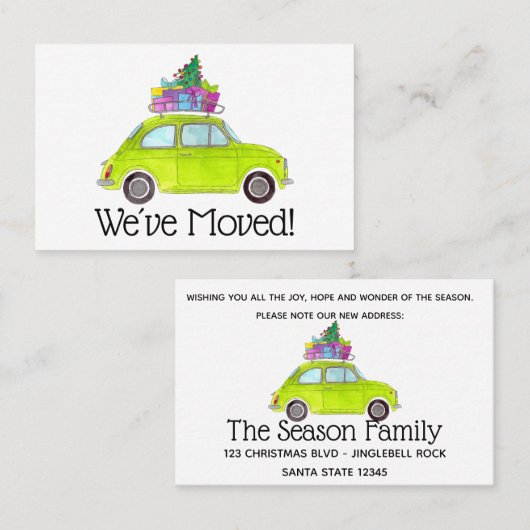 Nieuw adres Groene Fiat 500 met kerstcadeaus Visitekaartje (Voorkant / Achterkant)