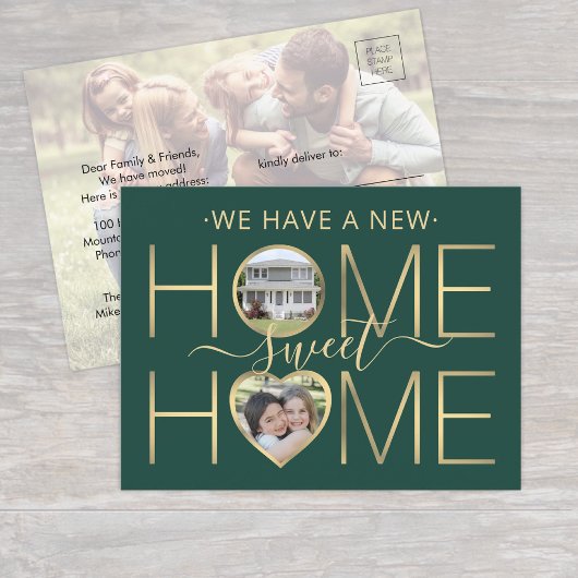 Nieuw Adres Home Sweet Home Green & Gold 3 Foto Aankondigingskaart