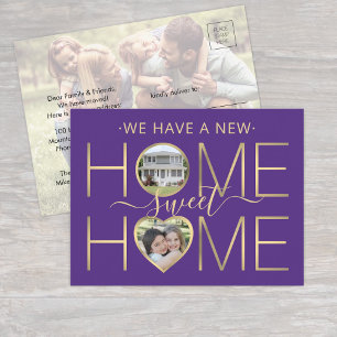 Nieuw Adres Home Sweet Home Paarse & Gold 3 Foto Aankondigingskaart