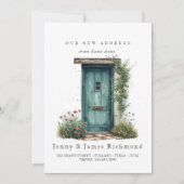 Nieuw Adres I Waterverf Green Front Door Flowers Aankondiging (Voorkant)