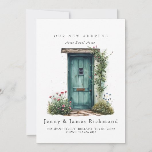 Nieuw Adres I Waterverf Green Front Door Flowers Aankondiging (Voorkant)