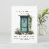 Nieuw Adres I Waterverf Green Front Door Flowers Aankondiging (Staand voorkant)