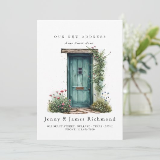 Nieuw Adres I Waterverf Groene Voordeur Bloemen Aankondiging (Staand voorkant)