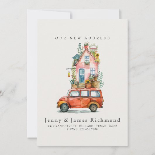 Nieuw adres in auto die naar huis gaat aankondiging (Voorkant)