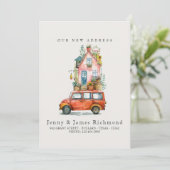 Nieuw adres in auto die naar huis gaat aankondiging (Staand voorkant)