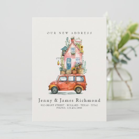 Nieuw adres in auto die naar huis gaat aankondiging (Staand voorkant)