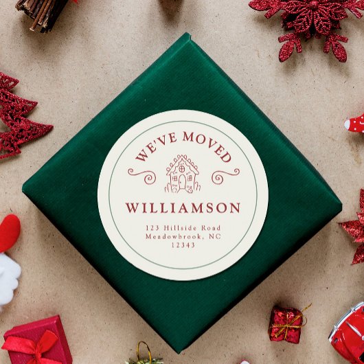 Nieuw adres kerstfeestdag rood ontbijtkoek ronde sticker