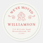 Nieuw adres kerstfeestdag rood ontbijtkoek ronde sticker (Voorkant)