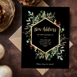 Nieuw adres | Kerstmis Gulded Greenery Black Briefkaart
