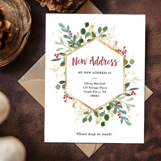 Nieuw adres | Kerstmis Gulded Greenery White Briefkaart