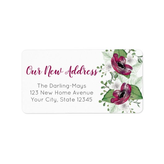 Nieuw adres Magenta Waterverf Floral Custom Etiket (Voorkant)