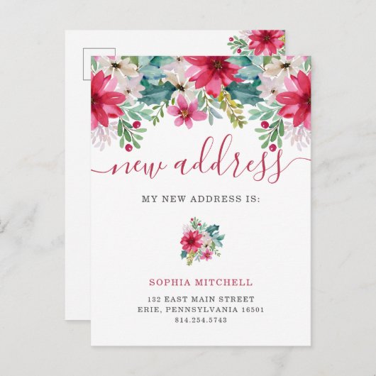 Nieuw adres met Kerstmis |  bloemen Aankondigingskaart (Voorkant / Achterkant)