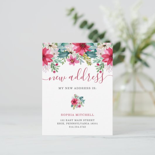 Nieuw adres met Kerstmis | bloemen Aankondigingskaart (Staand voorkant)
