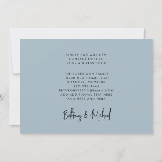 Nieuw Adres Modern Calligrafie Dusty Blue Moving Aankondiging (Achterkant)