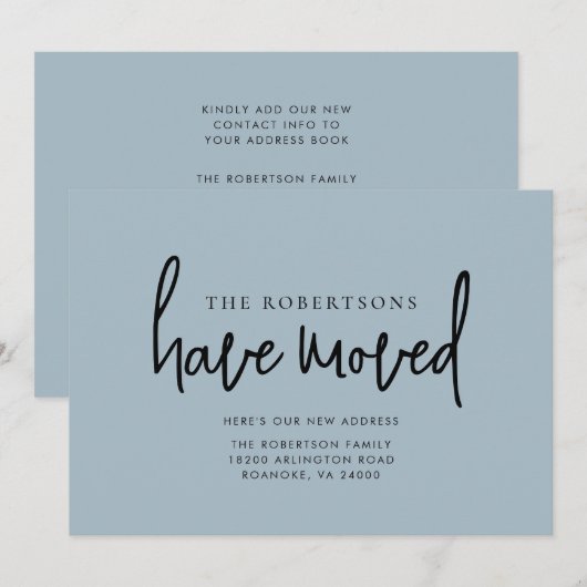Nieuw Adres Modern Calligrafie Dusty Blue Moving Aankondiging (Voorkant / Achterkant)