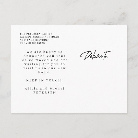 Nieuw adres modern script verplaatsen aankondigingskaart (Achterkant)