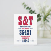 Nieuw Adres Monogram Rood Wit Blauw Gepersonalisee Briefkaart (Staand voorkant)