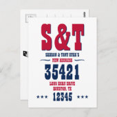 Nieuw Adres Monogram Rood Wit Blauw Gepersonalisee Briefkaart (Voorkant / Achterkant)