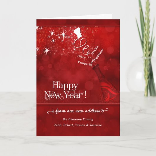 Nieuw adres: Nieuwjaar champagne in rood Feestdagen Kaart (Voorkant)