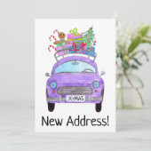 Nieuw adres Paarse auto met kerstcadeaus Kaart (Staand voorkant)
