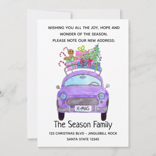 Nieuw adres Paarse auto met kerstcadeaus Kaart (Achterkant)
