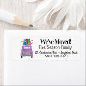 Nieuw adres Paarse Fiat 500 met kerstcadeaus Etiket (Insitu)