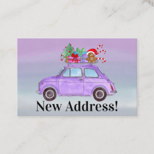 Nieuw adres Paarse Fiat 500 met kerstcadeaus Visitekaartje