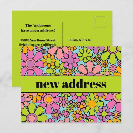 Nieuw adres Retro Spring Floral Briefkaart (Voorkant / Achterkant)