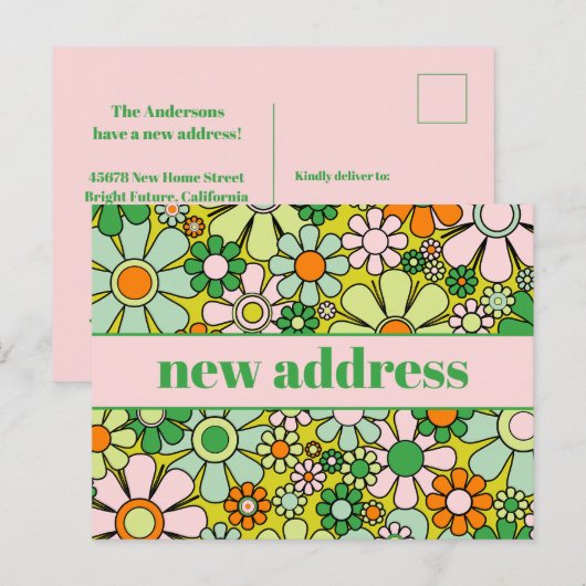 Nieuw adres Retro Spring Floral Briefkaart (Voorkant / Achterkant)
