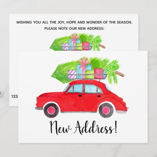 Nieuw adres Rode auto met kerstboom Kaart (Voorkant / Achterkant)