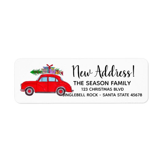 Nieuw adres rode auto met kerstboom label (Voorkant)