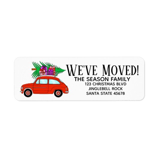 Nieuw adres Rode auto met kerstcadeaulabel Etiket (Voorkant)