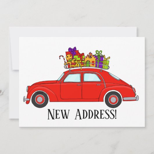 Nieuw adres Rode auto met kerstcadeaus Kaart (Voorkant)
