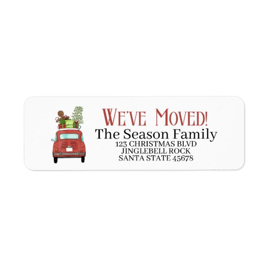 Nieuw adres Rode auto met kerstcadeaus label (Voorkant)