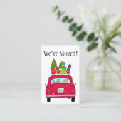Nieuw adres rode auto met kerstcadeaus visitekaartje (Staand voorkant)