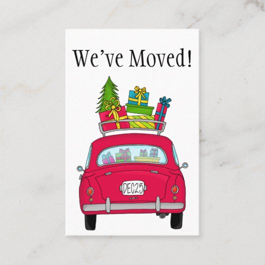 Nieuw adres rode auto met kerstcadeaus visitekaartje (Voorkant)