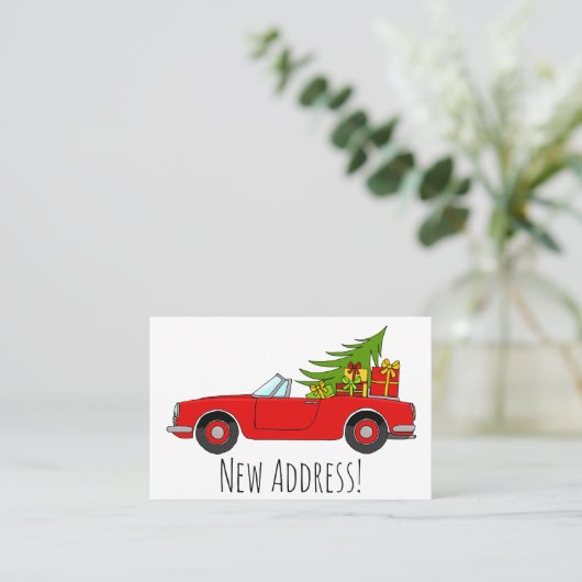 Nieuw Adres Rode auto met Kerstcadeaus Visitekaartje (Staand voorkant)