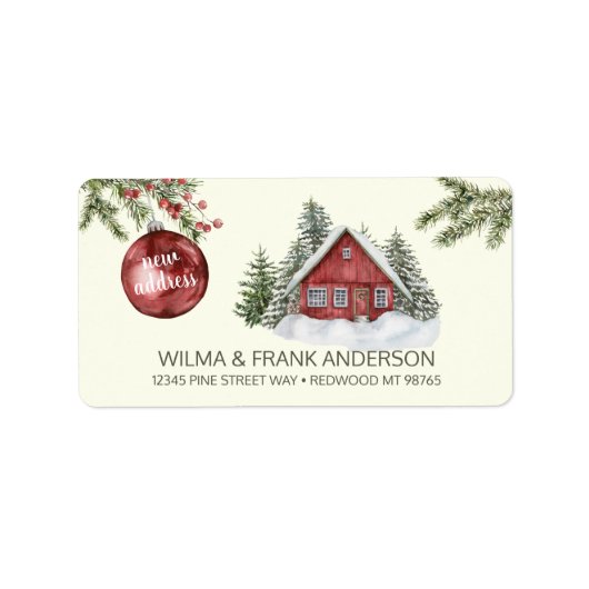Nieuw adres Rode Cabin in sneeuw met Evergreens Etiket (Voorkant)