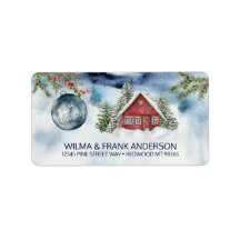 Nieuw adres Rode Cabine in sneeuw met blauwe sierv