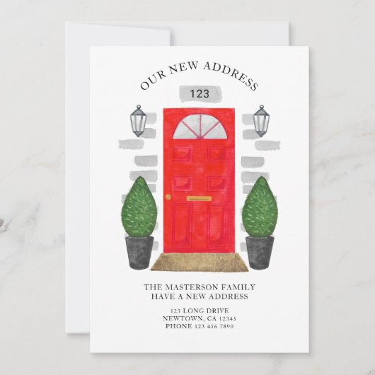 Nieuw Adres Rode Deur Waterverf Aankondiging (Voorkant)