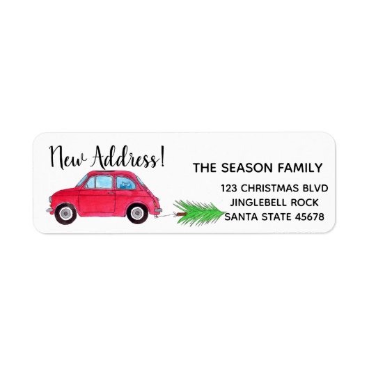Nieuw adres Rode Fiat 500 Kerstboom Label (Voorkant)