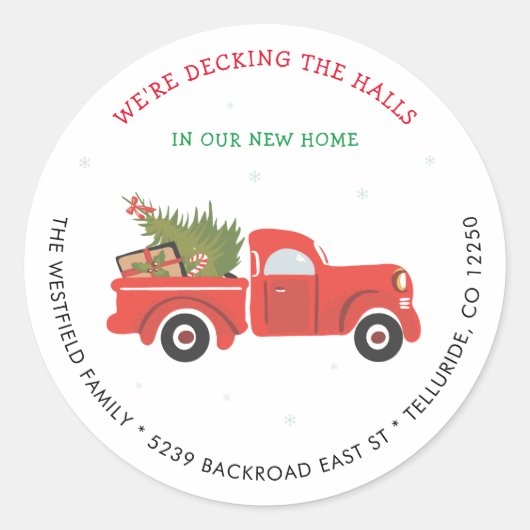 Nieuw adres Rode Vrachtwagen Kerstmis Verhuisaanko Ronde Sticker (Voorkant)