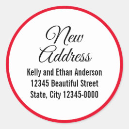 Nieuw adres rood wit zwart bewegende aankondiging ronde sticker