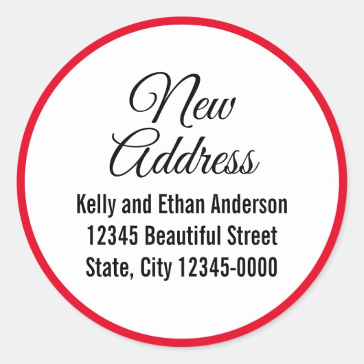 Nieuw adres rood wit zwart bewegende aankondiging ronde sticker (Voorkant)