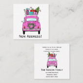 Nieuw Adres Roze Fiat 500 met Kerstcadeaus Vierkante Visitekaartje (Voorkant / Achterkant)