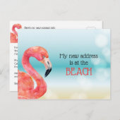 Nieuw Adres Roze Flamingo op Beweging Bokeh Beach Aankondigingskaart (Voorkant / Achterkant)
