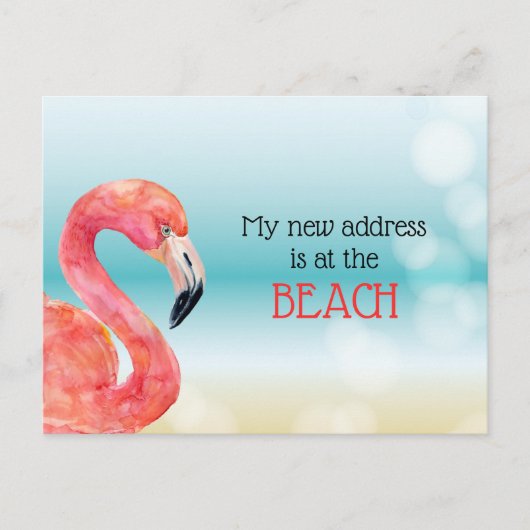 Nieuw Adres Roze Flamingo op Beweging Bokeh Beach Aankondigingskaart (Voorkant)