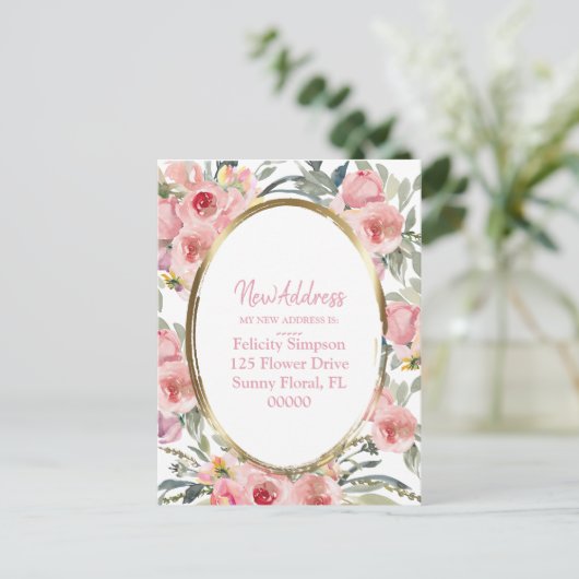 Nieuw adres|Roze Floral Geometric Moving Notice Briefkaart (Staand voorkant)