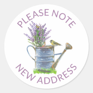 Nieuw Adres Rustieke Watering Can met Lavendel Ronde Sticker