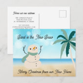 Nieuw Adres Sandy Snowman op Fancy Manuscript Beac Feestdagenkaart (Voorkant / Achterkant)